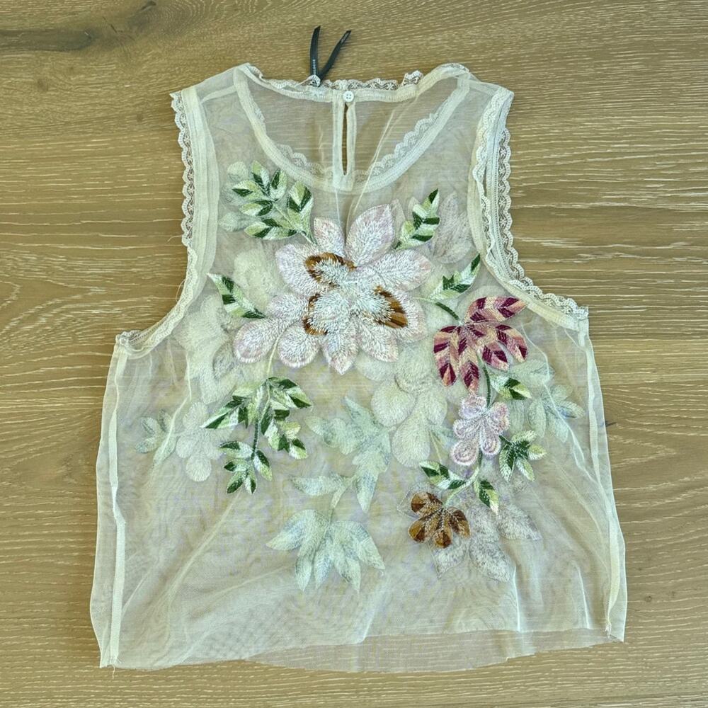 Anthropologie Top Sheer Mesh Floral Size XS Beige Pink Green - Picture 5 of 6